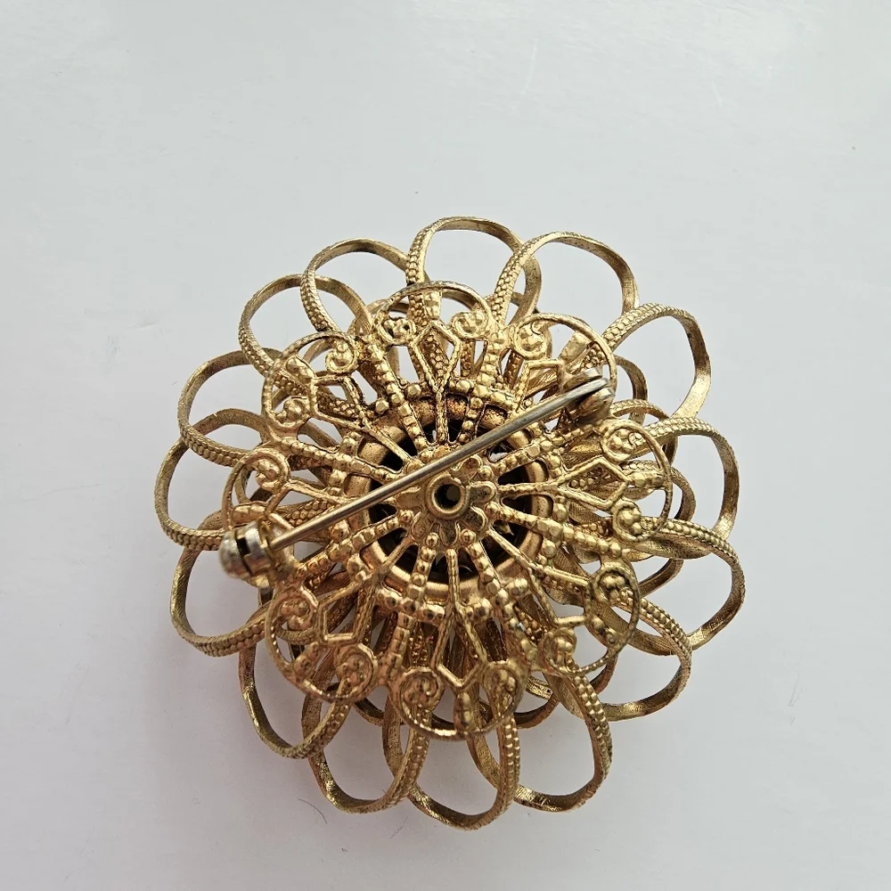 Vintage 3D Layered Gold Wire Flower Brooch, Faux Pearl & Rhinestone Sunburst